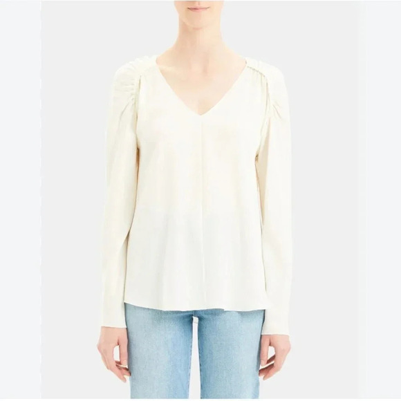 Theory Top Blouse Pure Silk Shirred Shoulder Long Sleeve Cream Ivory Size Small - Picture 1 of 10